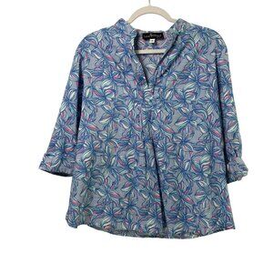 Liza Byrd Popover Top Size S Blue Pink Floral 3/4 Roll Tab Sleeve V Neck Beach
